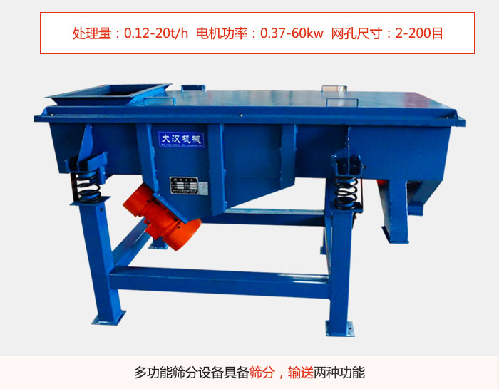 單層直線振動篩特點處理量：0.12-20t/h  電機功率：0.37-60kw  網(wǎng)孔尺寸：2-200目，多功能篩分設備具備篩分，輸送兩種功能。