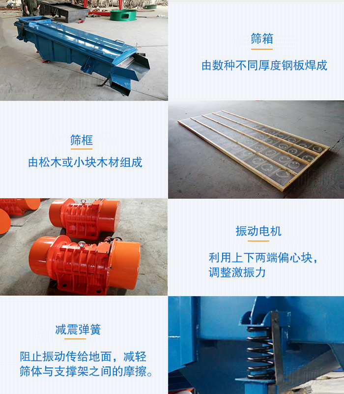 小型直線篩篩箱，篩框，振動(dòng)電機(jī)，彈簧等部件圖片展示